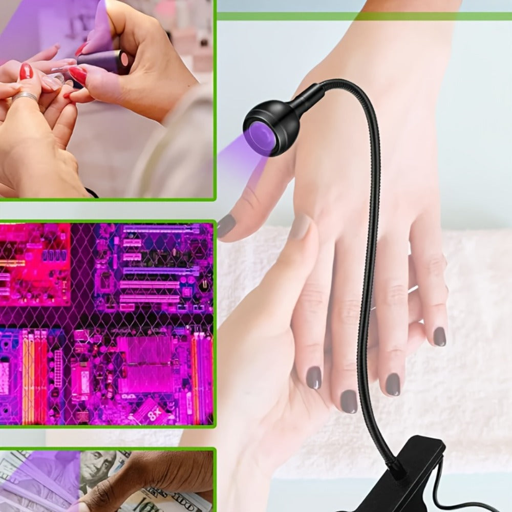 365nm-Labeled UV LED Nail Lamp with Clip Mount, Flexible Gooseneck, USB Cable and Black or White Finish