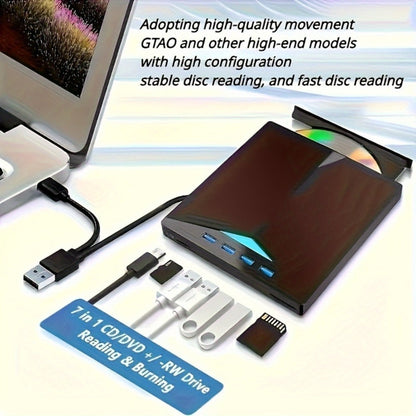 7-in-1 External DVD Drive USB 3.0 with 4 USB Ports & Dual TF/SD Card Reader - High-Speed CD/DVD Burner for Laptop Mac PC, Compatible with Windows 11/10/8/7, Linux, Plug and Play, Office Travel
