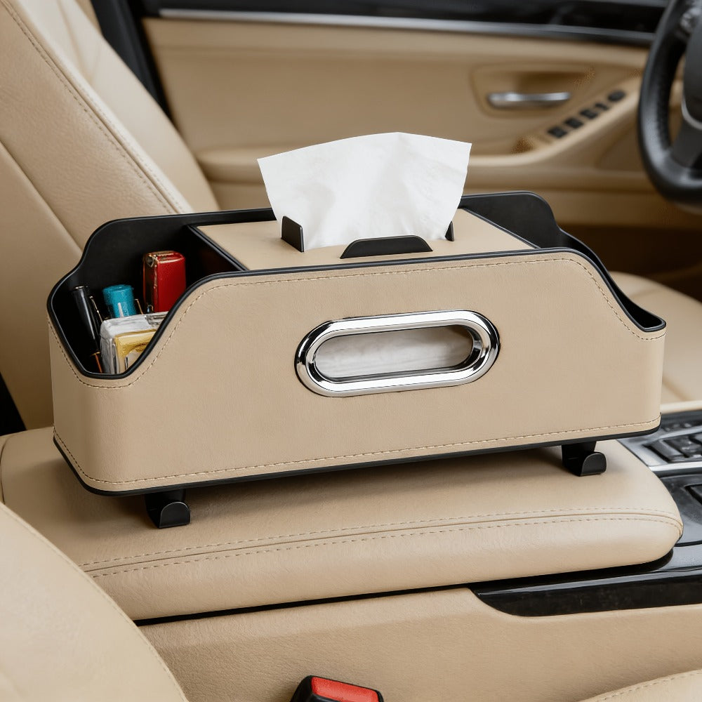 Car Backseat Organizer with Dual Cup Holders, Tissue Box & Hooks – Multi-Function Back Seat Storage for SUV, Sedan & Minivan | Brown, Orange, Black, Cream
