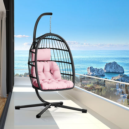 Rattan Wicker Hanging Egg Chair with Stand, Aluminum Frame and 11 Cushion and Size Options