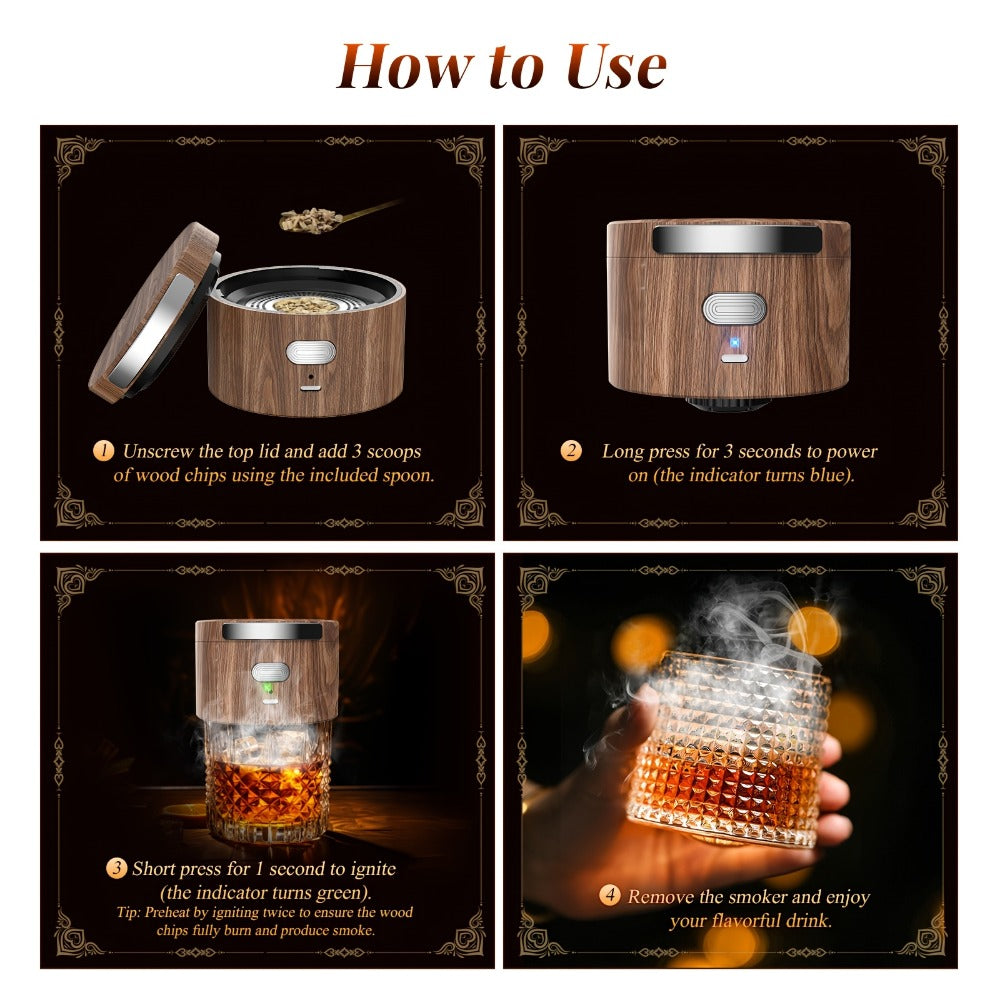 Electric Cocktail Smoker Kit with 6 Wood Chips, Flame-Free USB Rechargeable Whiskey Smoker for Tumblers & Wine Glasses