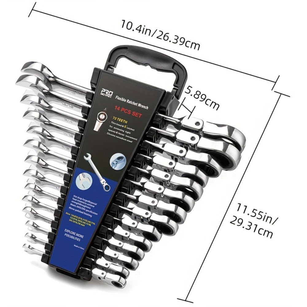 Flex Head Ratcheting Wrench Set SAE 14-Piece - 1/4" to 7/8" Chrome Vanadium Steel 72-Tooth 180° Flex Head with Organizer Rack for Auto Mechanical Repair