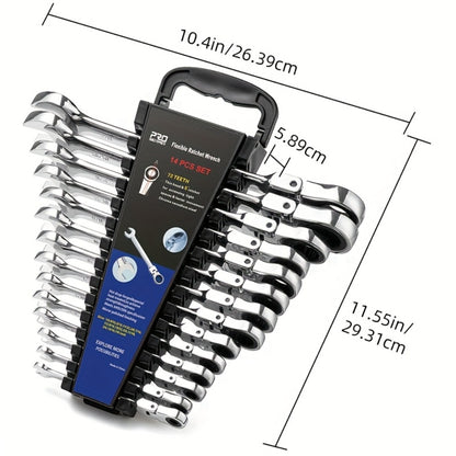 Flex Head Ratcheting Wrench Set SAE 14-Piece - 1/4" to 7/8" Chrome Vanadium Steel 72-Tooth 180° Flex Head with Organizer Rack for Auto Mechanical Repair