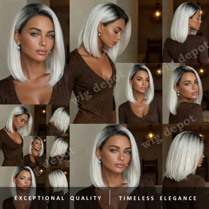 U Part Lace Front Bob Wig 4x1 Glueless Rose Net Cap Middle Part Natural Hairline Synthetic Wig for Women 14 Inch Brown Highlights Milky White Black Pink