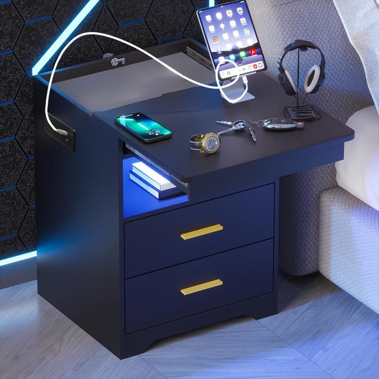 LED Nightstand with Charging Station & Hidden Drawer – 16-Color RGB Ambient Light, Open Storage Shelf, Modern Bedside Table for Bedroom Teen Guest Room Small Space, Black or White