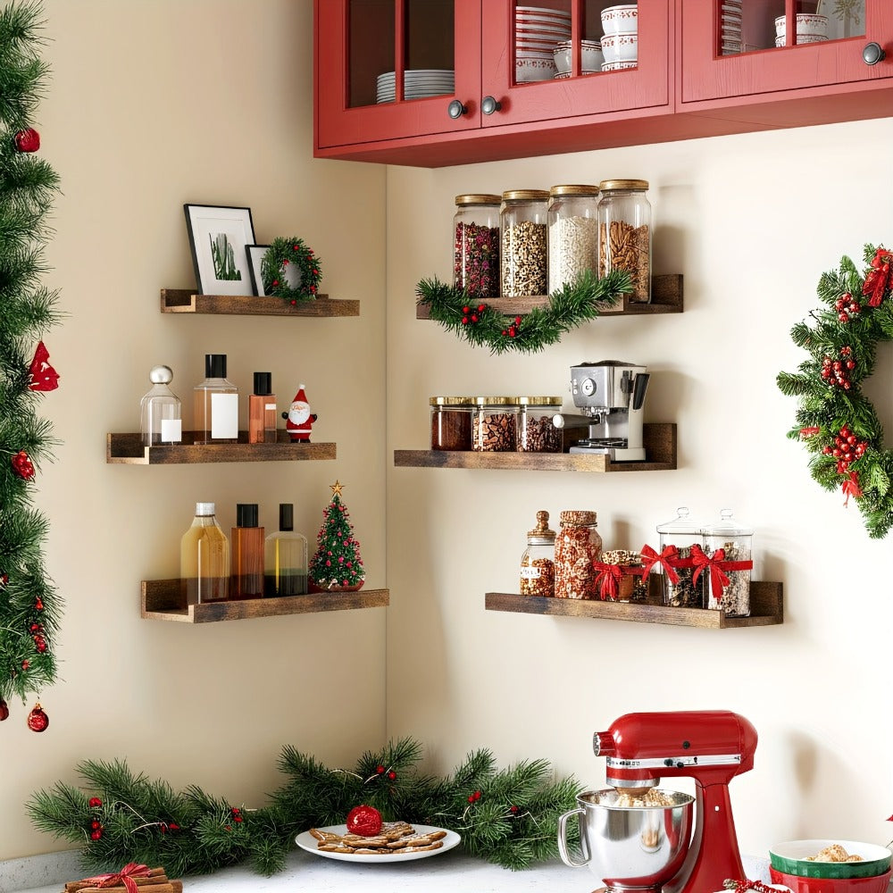 Six-Piece Wall Shelf Set in Graduated Sizes with White, Brown or Black Finish for Layered Displays