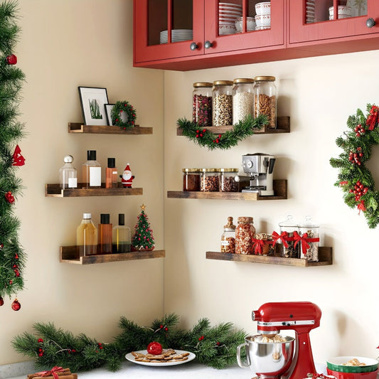 Floating Shelves 6pcs Set Wall Mounted Shelves 6 Different Sizes | Heavy Duty Shelf for Home Decor Bathroom Bedroom Living Room Space Saving Storage White Brown Black