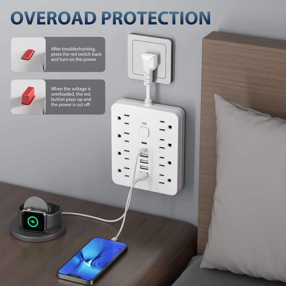 14-in-1 Power Strip with Individual Switches & Overload Protection – 8 AC Outlets, 4 USB-A & 2 USB-C Ports, Multi-Plug Wall Surge Protector for Office Home Travel, White & Black
