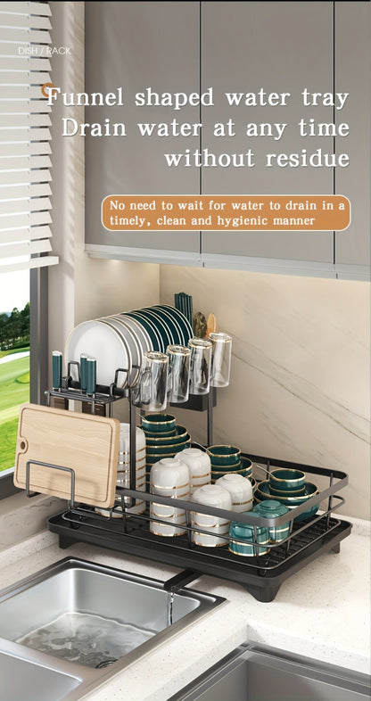 Two-Tier Dish Drying Rack, Metal Countertop Organizer with Cutlery Holder, Cup Holder and Drip Tray
