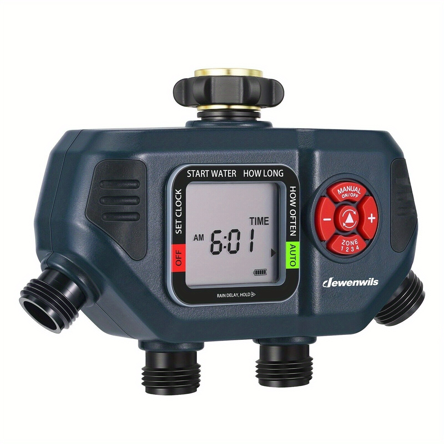 4-Zone Sprinkler Timer with Auto/Manual/Rain Delay Modes – Programmable Garden Irrigation Controller, 3.4" LCD Display