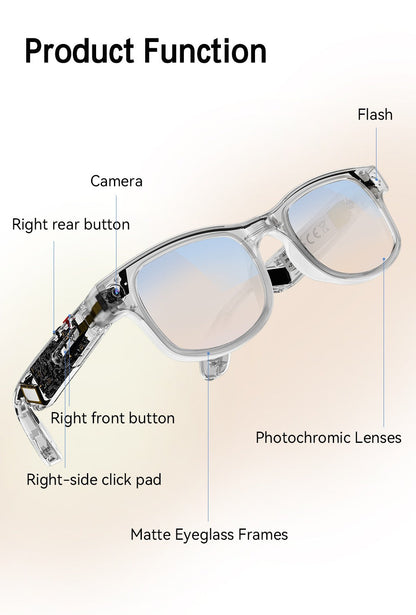 Bluetooth Smart Glasses with 8MP HD Camera – AI Real-Time Translation, Object Recognition, Touch Control, Bluetooth Call & Music, Wearable for Men & Women