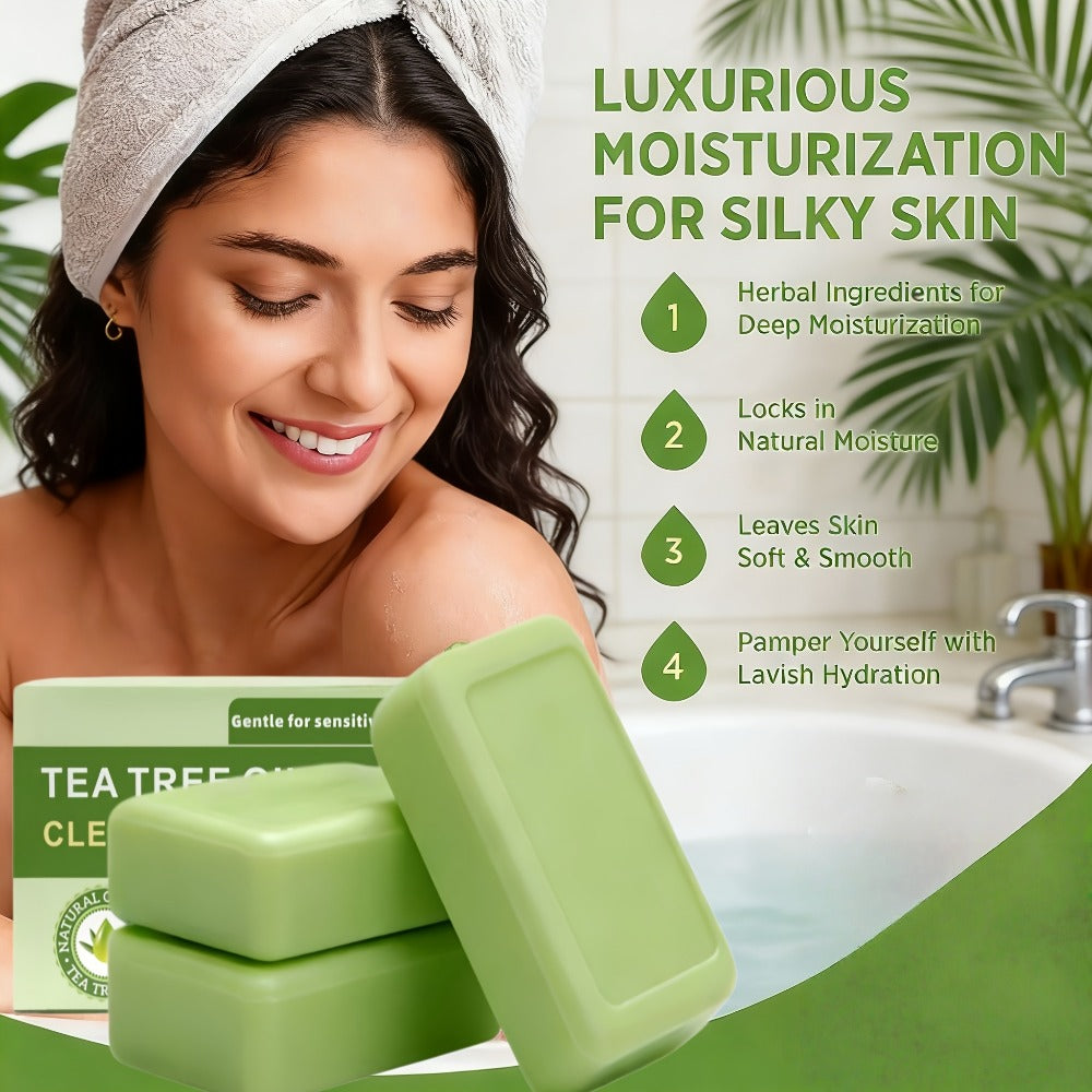 Tea Tree Bar Soap, Three-Pack of Green Plant-Essence-Labeled Bars for Face and Body Washing