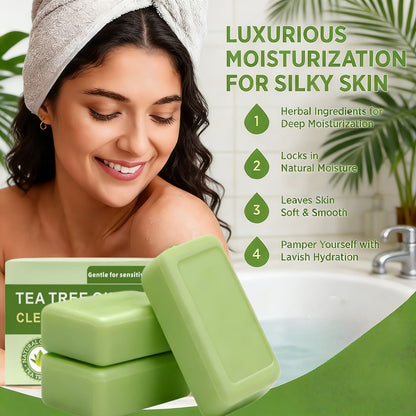 Tea Tree Bar Soap, Three-Pack of Green Plant-Essence-Labeled Bars for Face and Body Washing