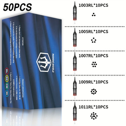 Round Liner Tattoo Cartridge Needles 50pcs Assorted - #10 Bugpin & #12 Standard 3RL 5RL 7RL 9RL 11RL Long Taper Membrane Safety EO Sterilized, for Fine Line Script PMU & All Rotary Tattoo Machines V2