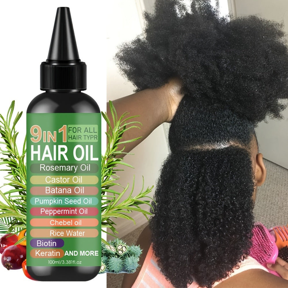 Rosemary 9-in-1 Hair and Scalp Oil, 100ml Nozzle Bottle with Rice Water, Batana, Castor and Biotin Labels