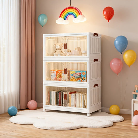 Stackable Foldable Storage Cabinet with Door – PP Plastic 1/2/3/4/5 Layer Organizer Box with Wheels & Cover | Dual-Access Home Storage for Clothes, Books, Snacks & Kitchen Supplies | Office & Garage