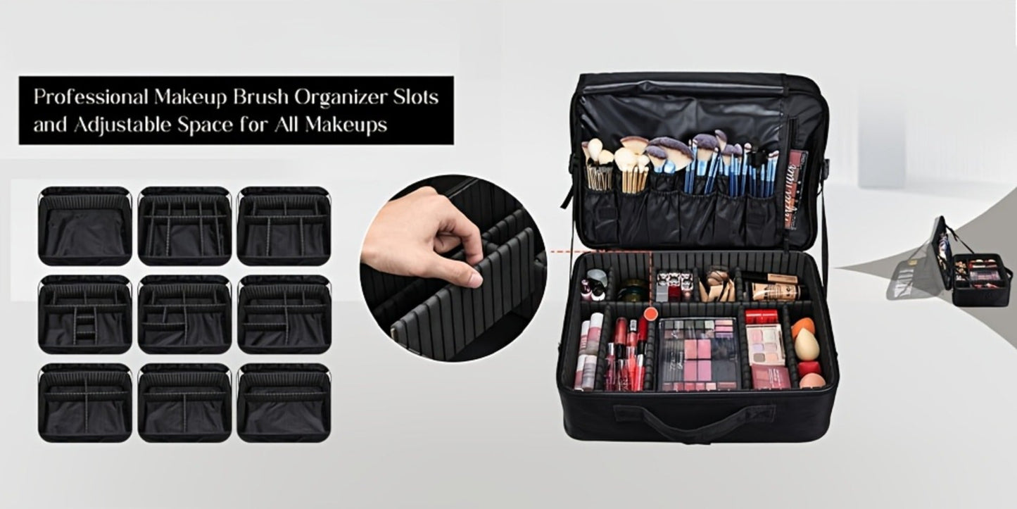 Black 15.8-Inch Soft Makeup Train Case with Three-Layer Interior, Brush Panel and Shoulder Strap