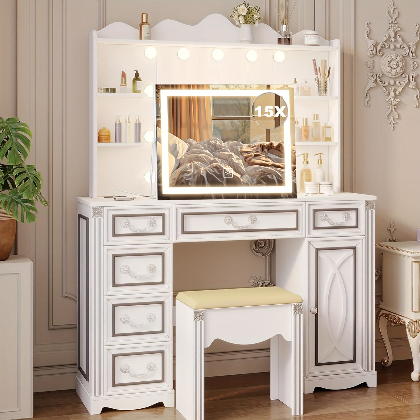 Rotating LED Vanity Mirror with 15X Magnifier, Three Light Colors and 14 x 17 Inch Framed Design
