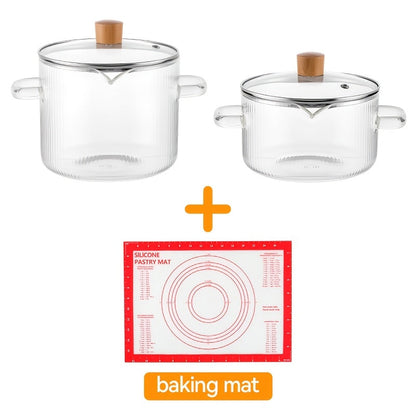 Glass Saucepan Set 2-Pack Stovetop Safe Borosilicate Ribbed Pots with Lids – 78oz & 54oz Heat Resistant Cookware for Soup, Ramen, Milk | Transparent Glass Pot Kitchen Cooking Set with Baking Mat