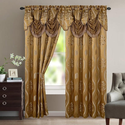 Two-Panel Jacquard Window Curtain Set with Attached Waterfall-Style Valance, 54 x 84-Inch Size and Four Colors