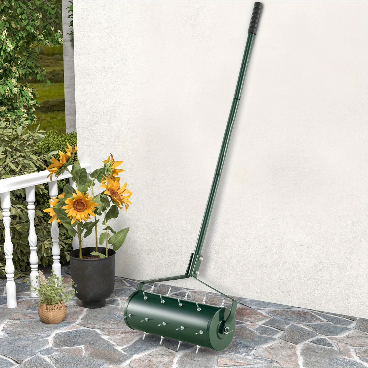 Rotary Lawn Aerator 18" Spike Drum with 27 Galvanized Steel Spikes, Fillable with Sand or Stone, 51" Anti-Slip Handle for Deep Soil Aeration Lawn Garden Yard