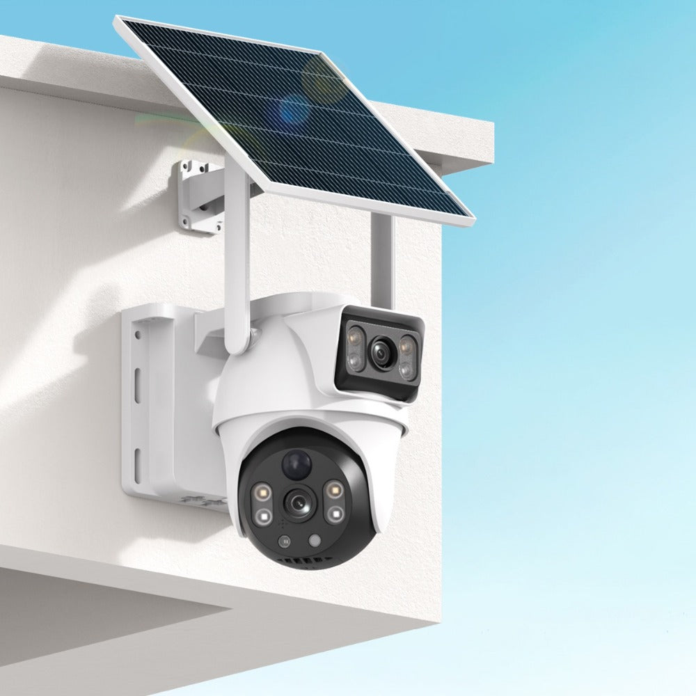 Dual-Lens Solar WiFi Security Camera with Pan-Tilt View, PIR Motion, Spotlight, Siren and Two-Way Audio