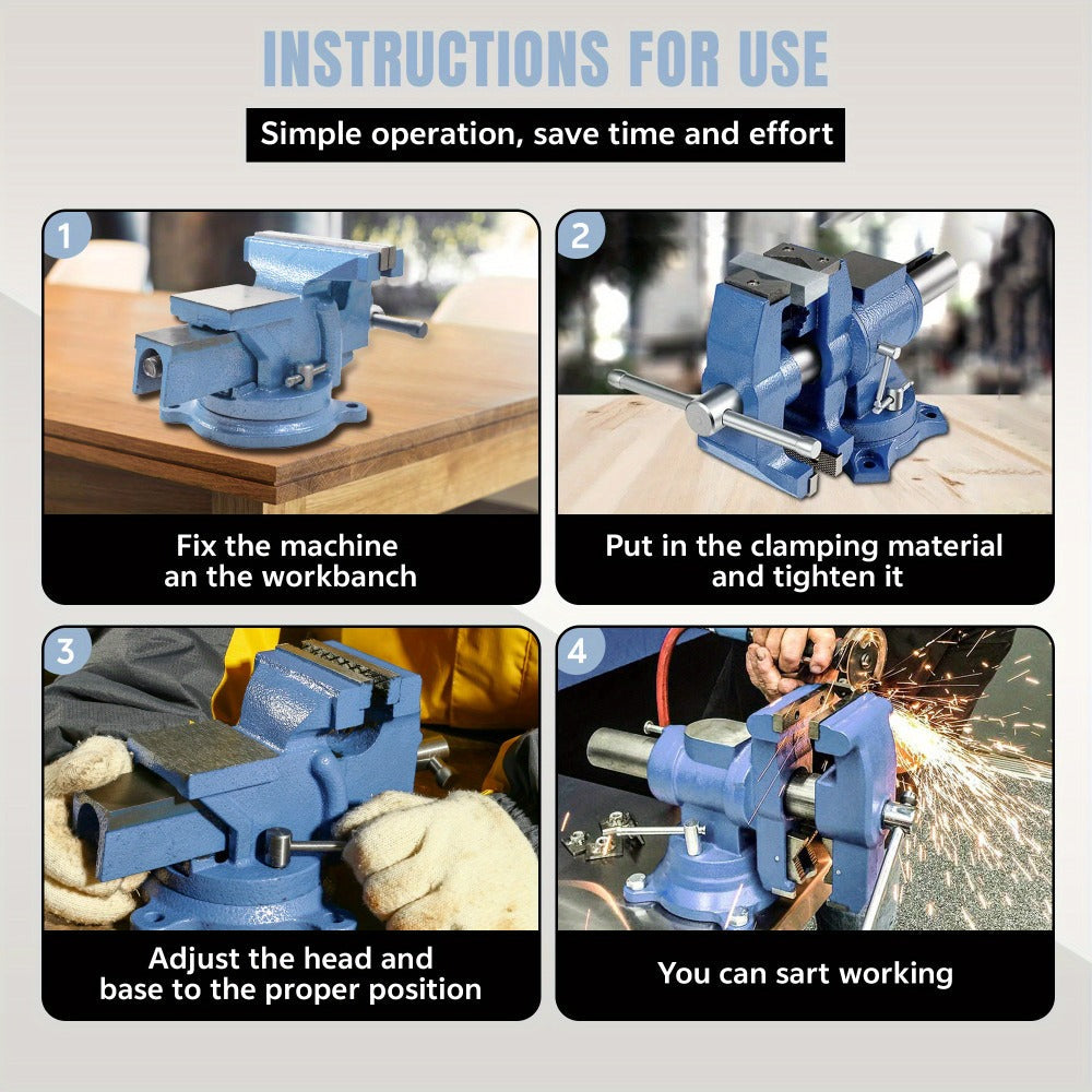5-Inch Cast Iron Bench Vise with 360-Degree Swivel Base, Pipe Jaws and Anvil for Workshop Clamping
