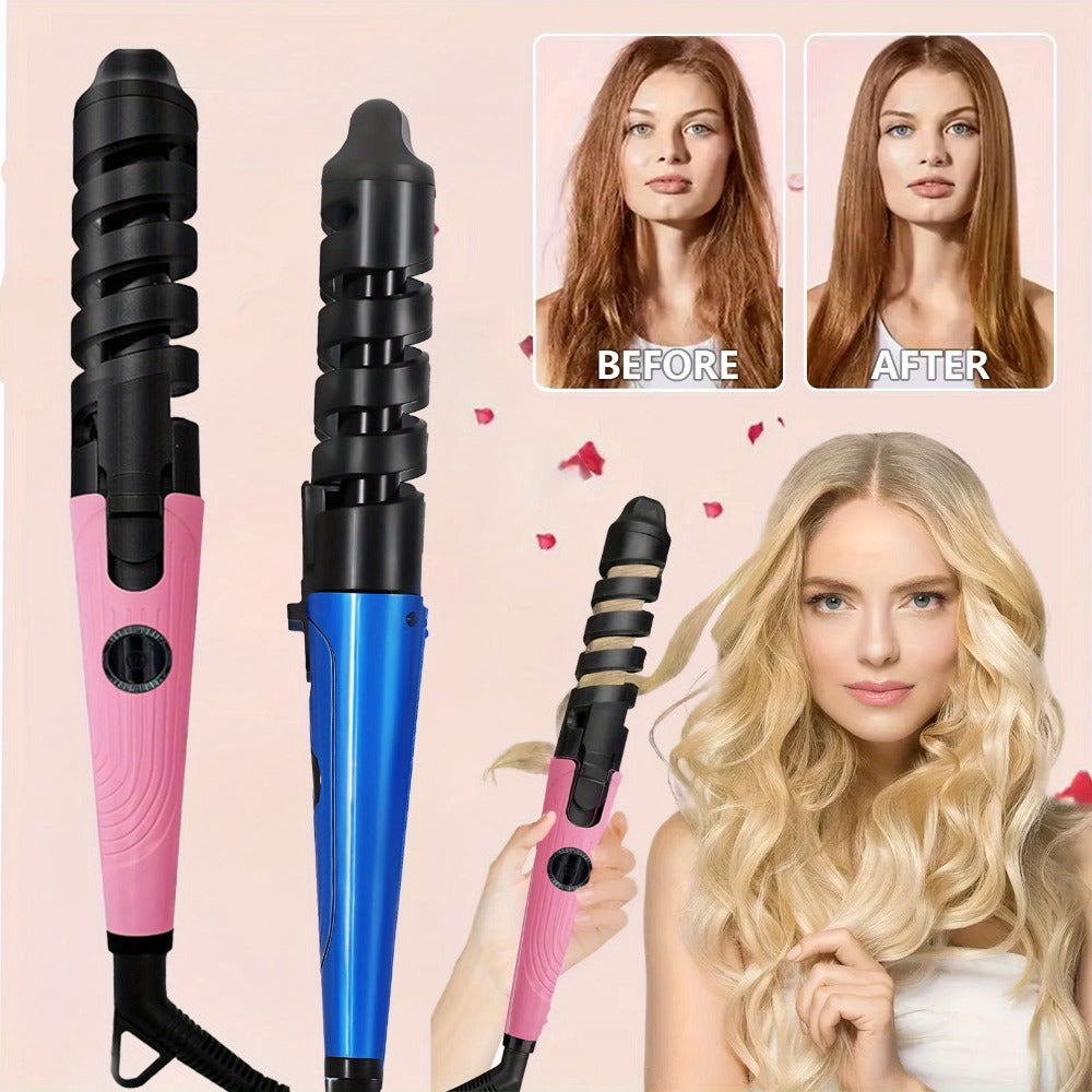 Automatic Spiral Curling Iron Ceramic Anti-Tangle – Professional Auto Curler One-Button Easy Operate Hair Styling Tool with Comb & 2 Clips for All Hair Types – Blue, Pink