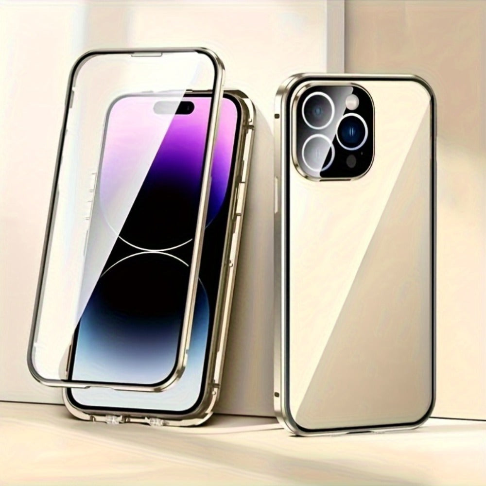 Phone Case Privacy Tempered Glass Cover with Aluminum Frame, Magnetic Snap Lock and Wireless Charging Support