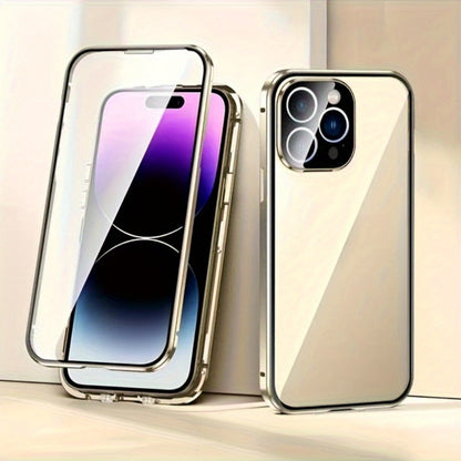 Phone Case Privacy Tempered Glass Cover with Aluminum Frame, Magnetic Snap Lock and Wireless Charging Support