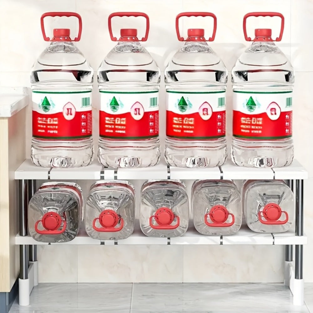 Adjustable Under-Sink Organizer with White Single-Layer Sliding Panels, Metal-Look Supports and Central Plumbing Gap