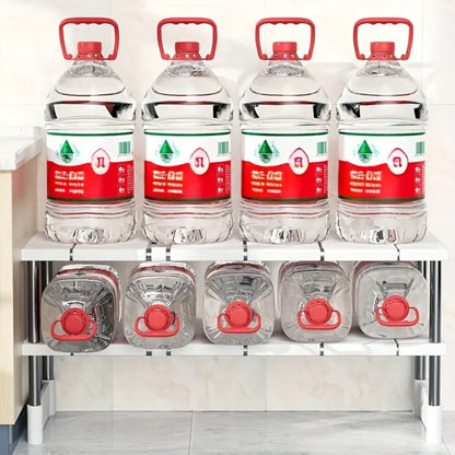 Adjustable Under-Sink Organizer with White Single-Layer Sliding Panels, Metal-Look Supports and Central Plumbing Gap