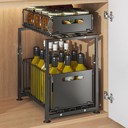 2-Tier Pull Out Cabinet Organizer No Drill Slide Out Shelf Kitchen Pantry Storage Roll Out Drawer Black
