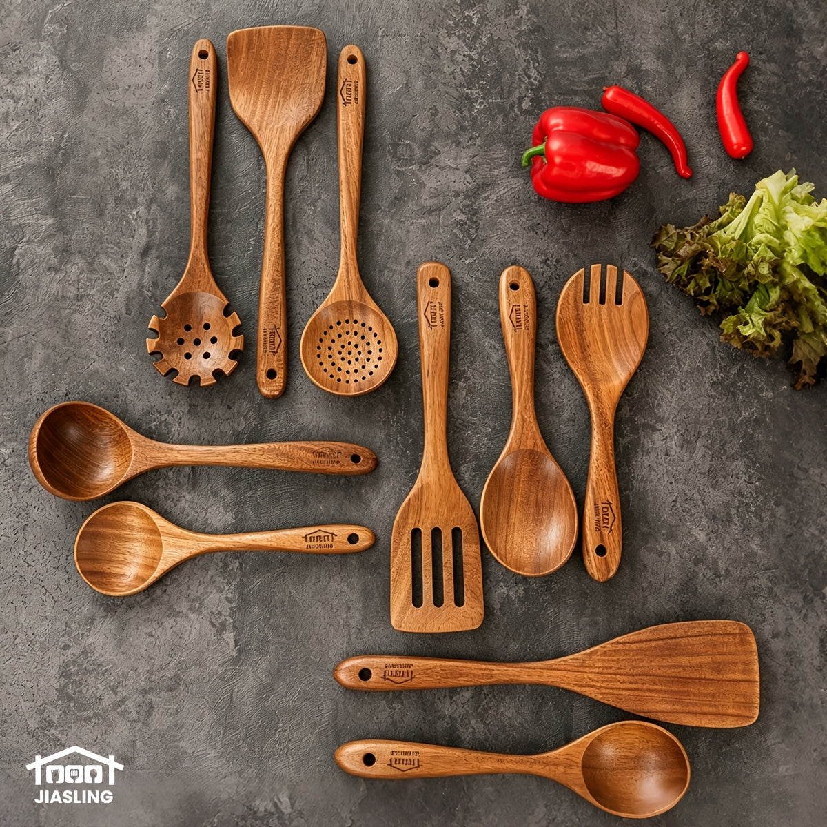 Wooden Spoons for Cooking 10 Pcs – Teak Wood Kitchen Utensils Set, Non-Stick Safe Spatulas & Spoon Cooking Tools