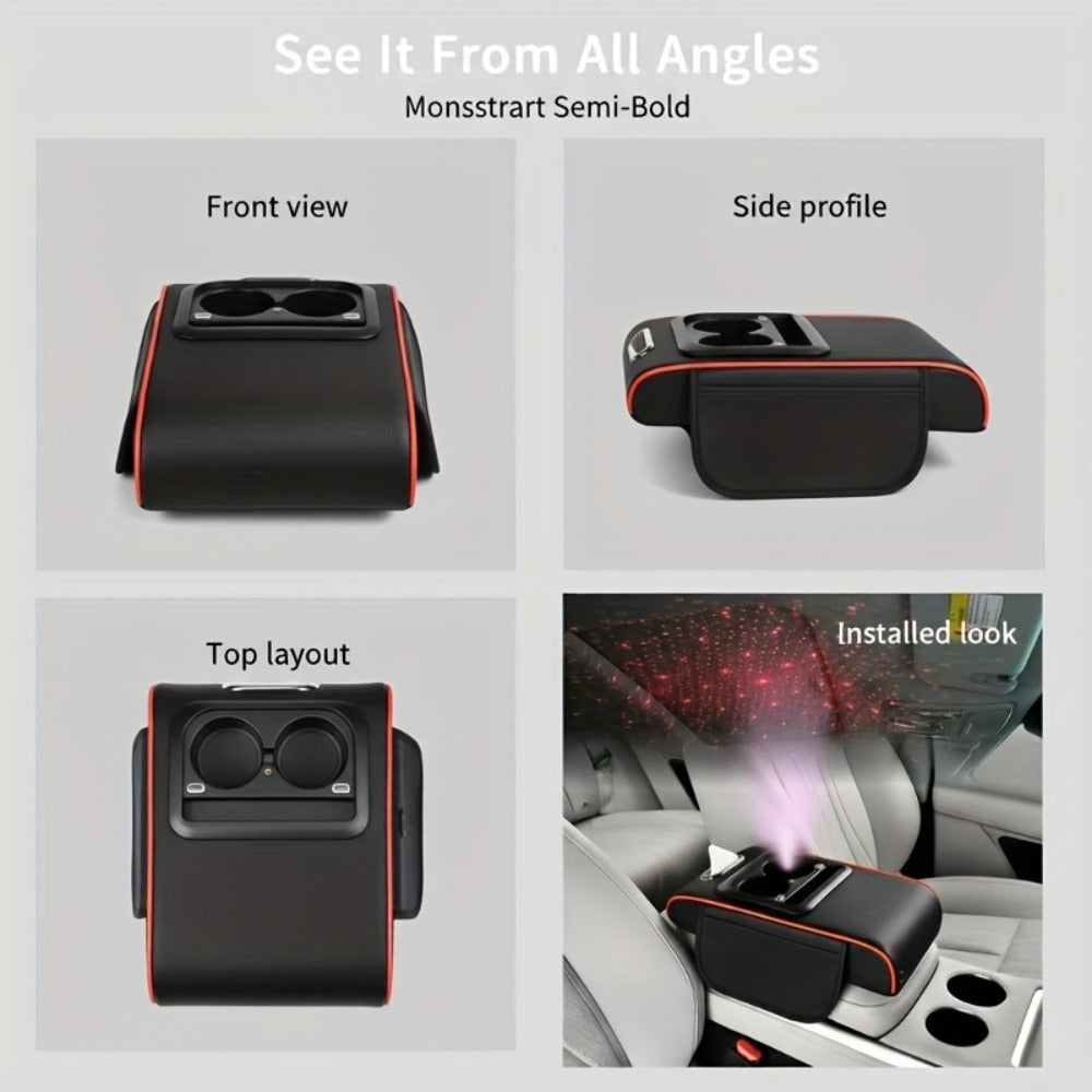 Car Armrest Box Cover Starry Sky Memory Foam Center Console Pad with Type-C USB Charging Port & Storage Pockets – Multifunctional Interior Protector Gift for Men and Women