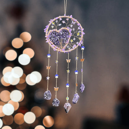 Round Beaded Wall Hanging Decor in Purple, Pink or Green with Heart Charms and Five Hanging Strands