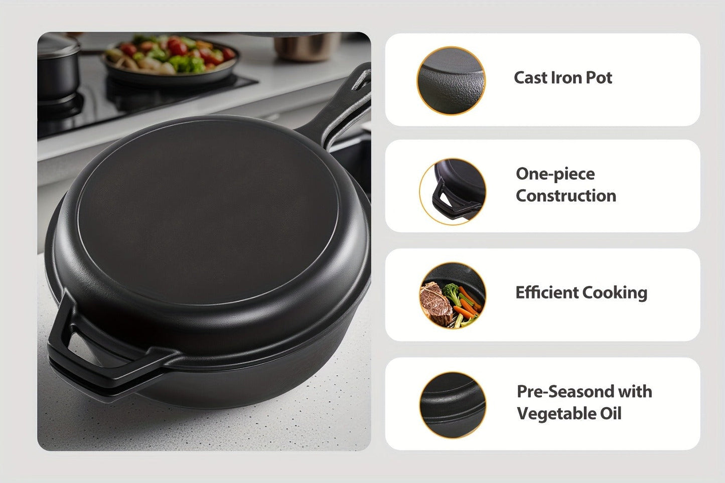 Cast Iron Dutch Oven & Frying Pan Set – Pre-Seasoned 2-in-1 Cookware, Deep Pan + Skillet for Stovetop, Induction, Oven, BBQ & Outdoor Cooking, Multi-Purpose Pots and Pans Set