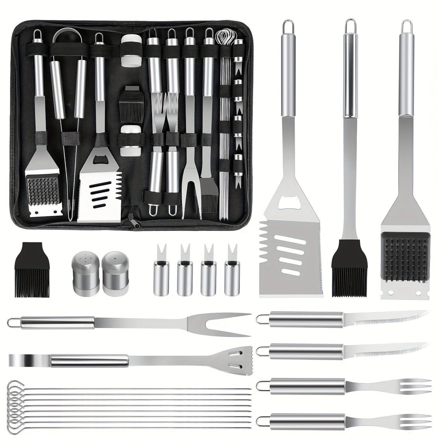 BBQ Grill Tool Kit with 24-Piece Cased Set or 15-Piece Utensil Set for Camping and Backyard Cooking