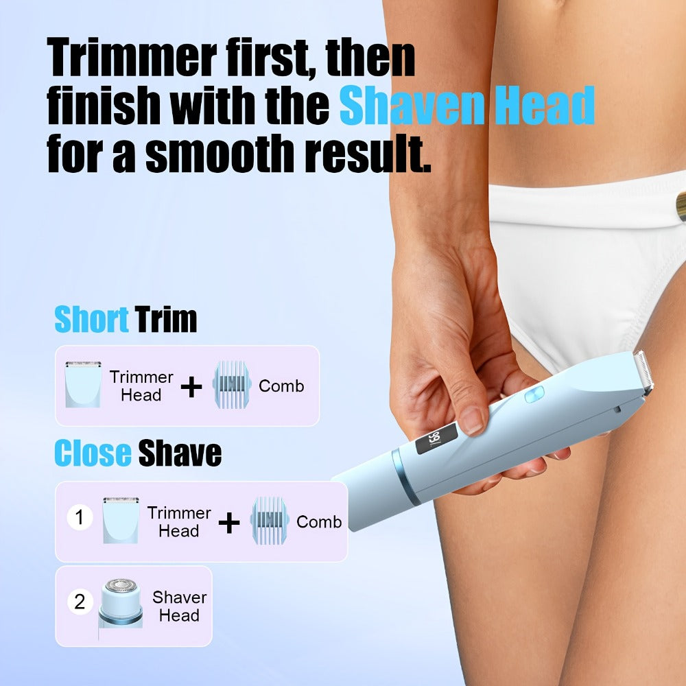 Electric Bikini Trimmer for Women 2-in-1 Dual Head with Digital Display — Wet & Dry Painless Hair Removal for Bikini Line, Legs & Underarms, Rechargeable Cordless Shaver