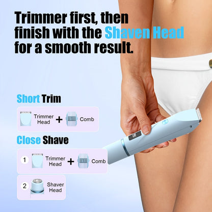 Electric Bikini Trimmer for Women 2-in-1 Dual Head with Digital Display — Wet & Dry Painless Hair Removal for Bikini Line, Legs & Underarms, Rechargeable Cordless Shaver