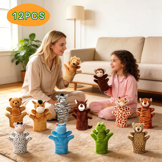 Zoo Animal Hand Puppets Set 12pcs Plush Pretend Toys with Tiger Lion Bear Leopard & More, Soft Stuffed Puppet for Storytelling Teaching Role Play, Kids Toddlers Birthday Christmas Halloween Gift