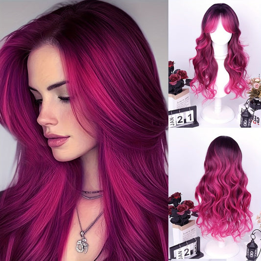 Synthetic Wig 28-Inch Rose-Red Gradient Waves with Air Bangs, 150% Density and Rose Net Cap