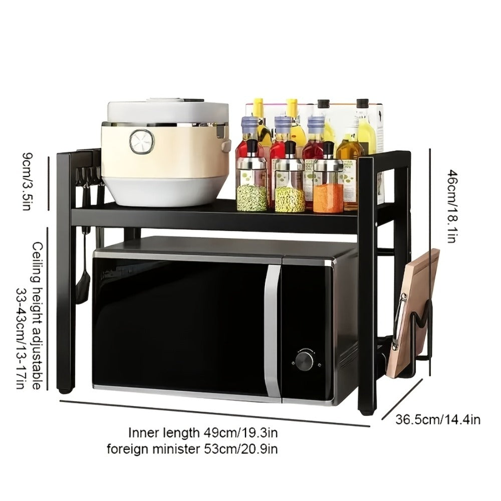Microwave Stand Kitchen Organizer Extendable Black Iron Countertop Shelf for Cookware, Bowls and Cups