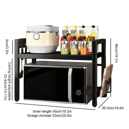 Microwave Stand Kitchen Organizer Extendable Black Iron Countertop Shelf for Cookware, Bowls and Cups
