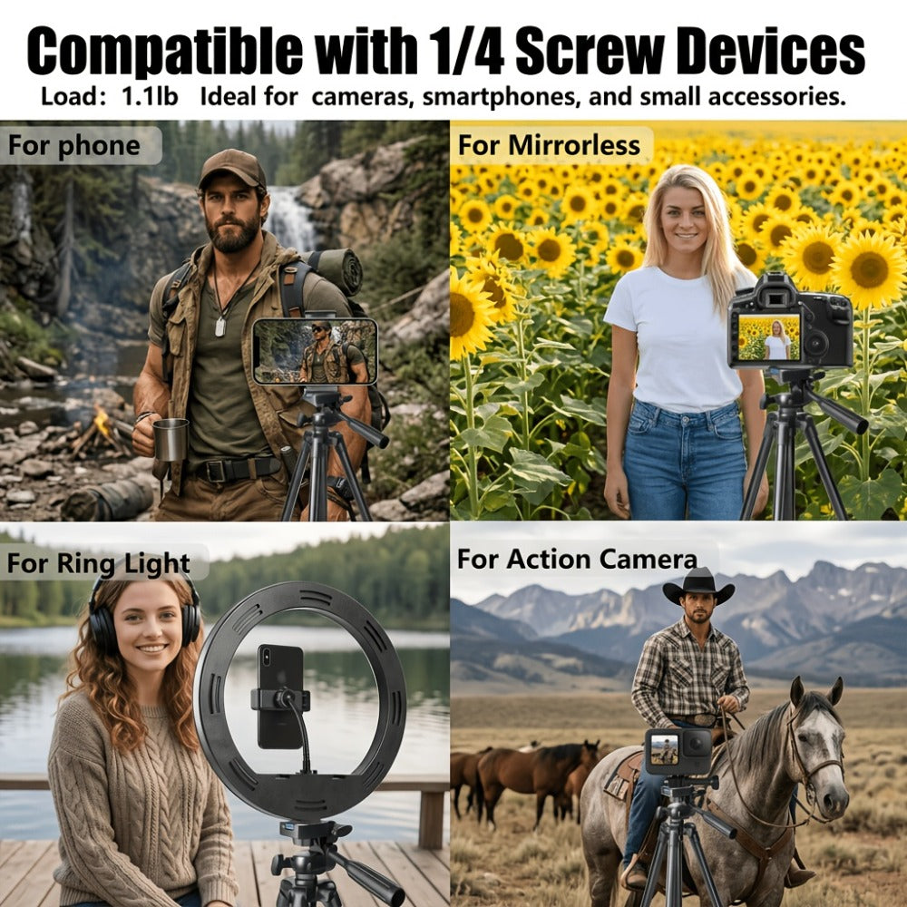 50-Inch Aluminum Camera Tripod with Pan-and-Tilt Head, Quick-Release Plate, Phone Clip and Carrying Bag in Black