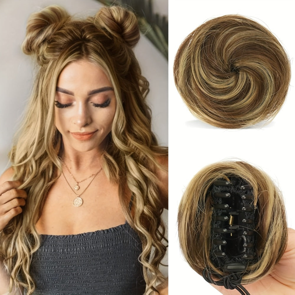 Mini Donut Bun Hairpiece with Cat Ears Claw Clip Messy Bun Synthetic Fiber Instant Updo – 2 Pcs Set for Women Girls All Hair Types Natural Black Brown Blonde 4 Inch