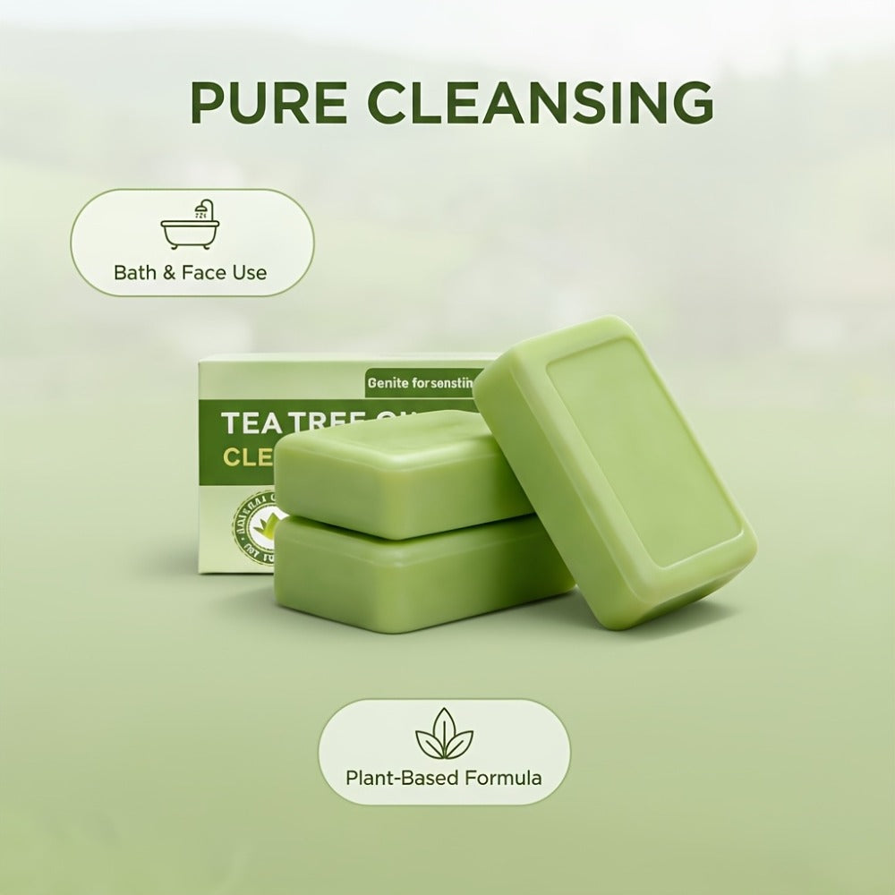 Tea Tree Bar Soap, Three-Pack of Green Plant-Essence-Labeled Bars for Face and Body Washing
