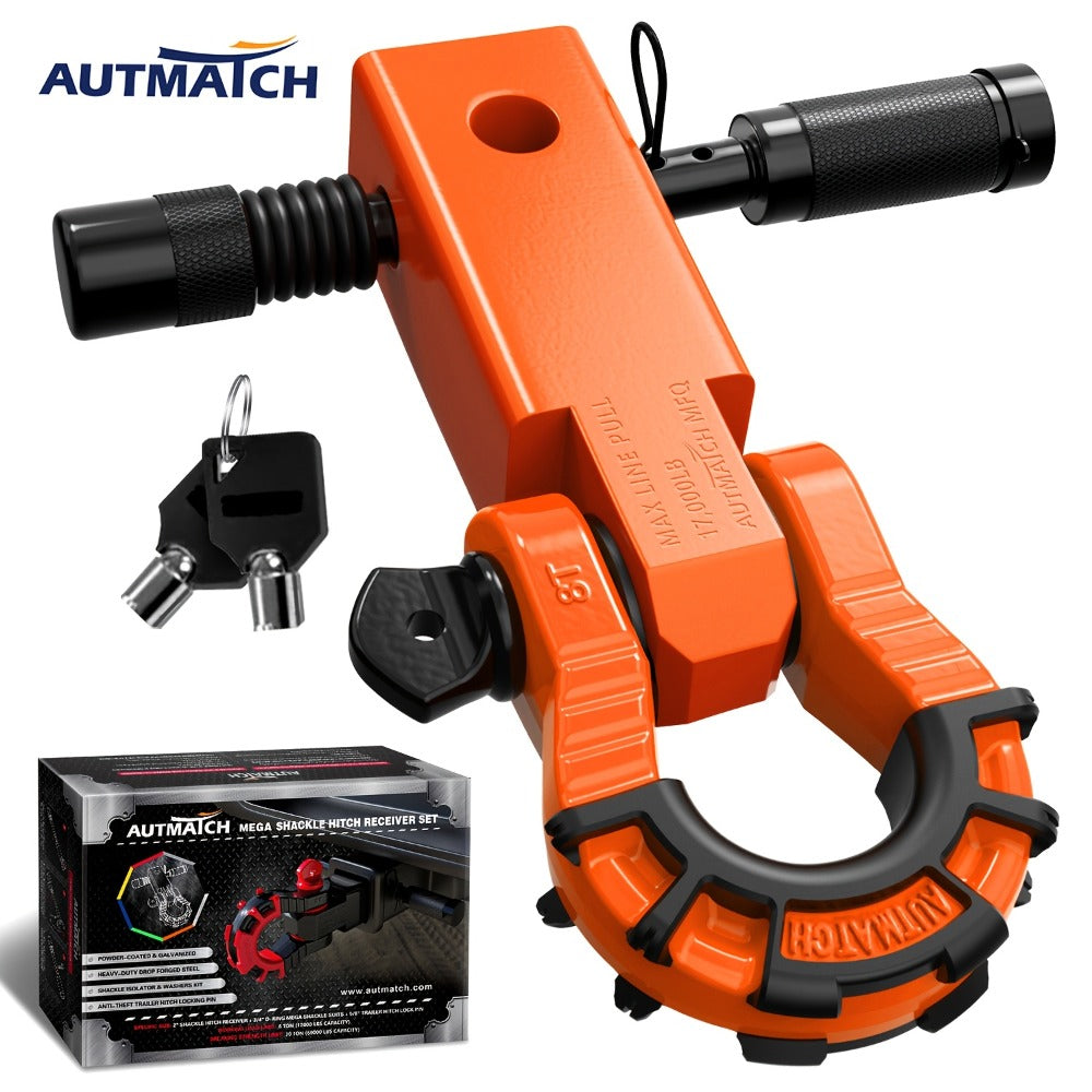 Shackle Hitch Receiver 2-Inch 68,000 lb Break Strength with 3/4" D-Ring & 5/8" Hitch Lock Pin – Heavy Duty Drop Forged Steel 8-Ton Vehicle Recovery Tow Hitch, Multi-Color