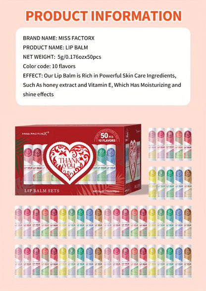 Fruit Flavored Lip Gloss Set 50 Pieces – Moisturizing Lip Balm Kit in 10 Colors, Hydrating Lip Care for Dry & Cracked Lips, Day & Night Use, Holiday Gift Set for Women & Girls