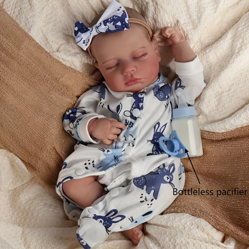 18-Inch Baby Doll in Blue-Print Outfit with Sleeping or Open-Eye Face Options and No Bottle or Pacifier